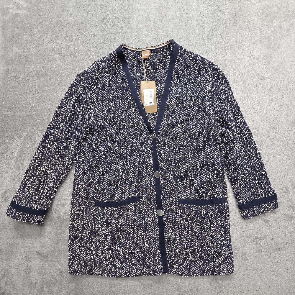 Boss Sweater Womens 4 Blue Cardigan V-Neck Pockets Chunky-Knit Button Front
